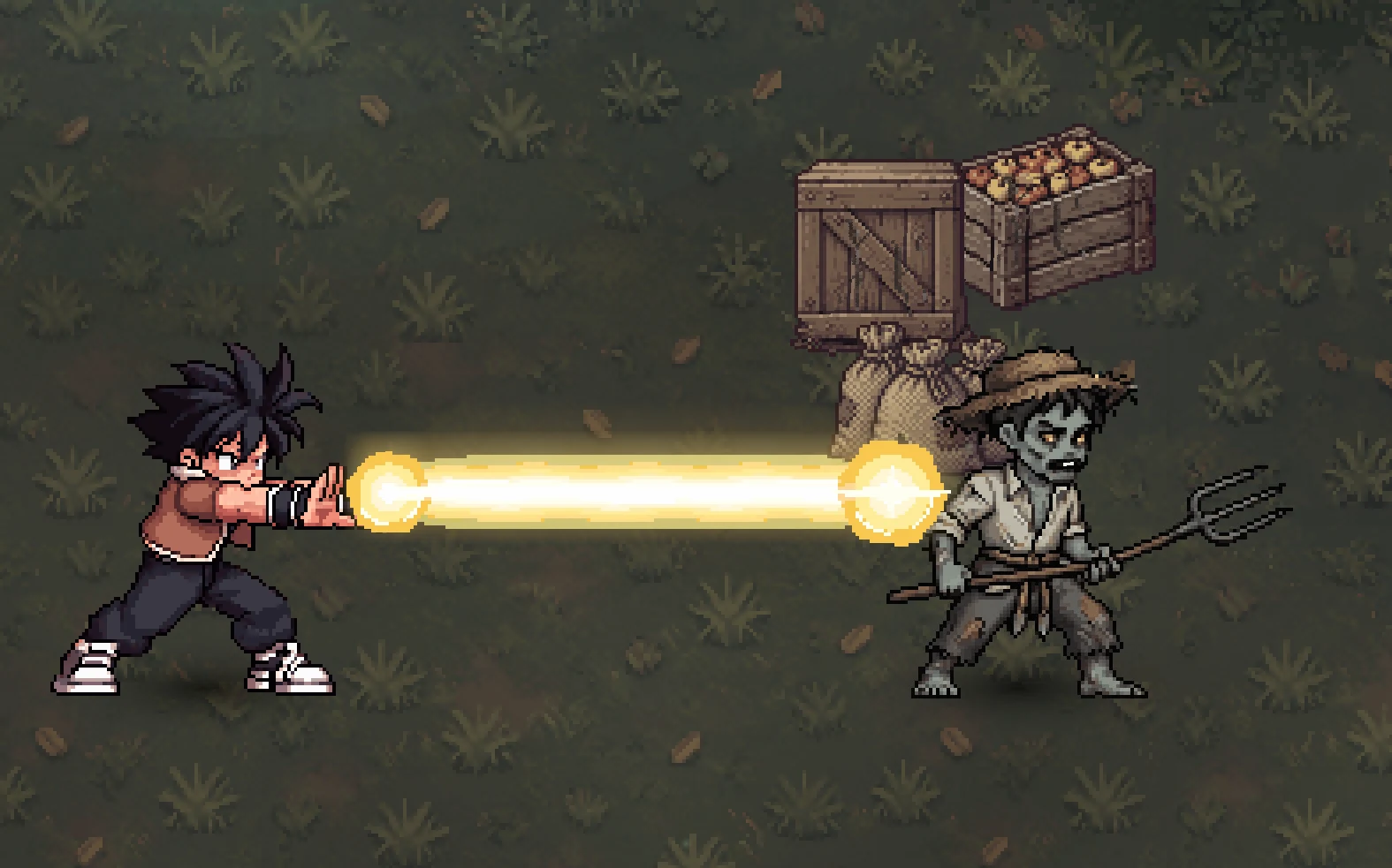 The hero fires a long Ki beam at a zombie with a pitchfork